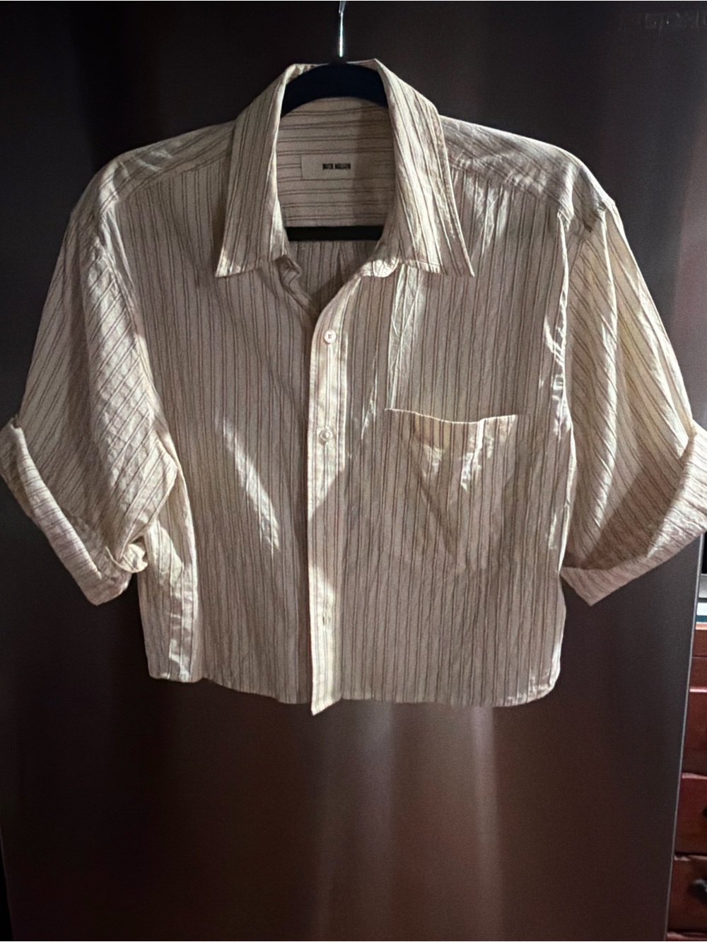 Buck Mason MAINSTAY COTTON SHORT SLEEVE BUTTON DOWN faded yellow Winona stripe M - Picture 2 of 2